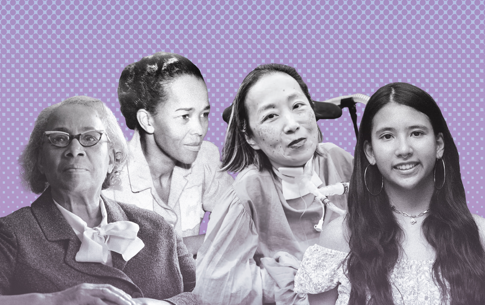 Graphic with a purple polka dot background with four women. 