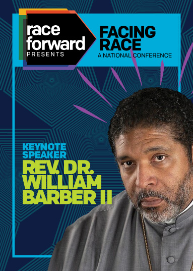 Keynote Speaker Rev. Dr. William Barber II face emanates neon purple rays against a background of dark blue with dark teal concentric pentagonal shapes that subtly meet one another to create a cohesive pattern as they radiate out in to space. Race Forward Presents Facing Race: A National Conference.