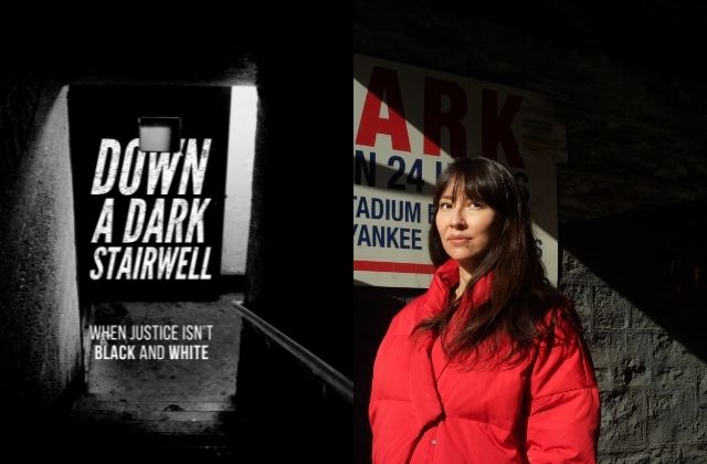 On the left, key art imagery of the documentary "Down a Dark Stairwell". On the right is an image of filmmaker, Ursula Liang in a red coat