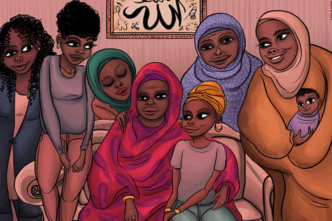 Colorful Illustration showing six women of color in Muslim clothing with head wraps and a baby.