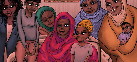 Colorful Illustration showing six women of color in Muslim clothing with head wraps and a baby.