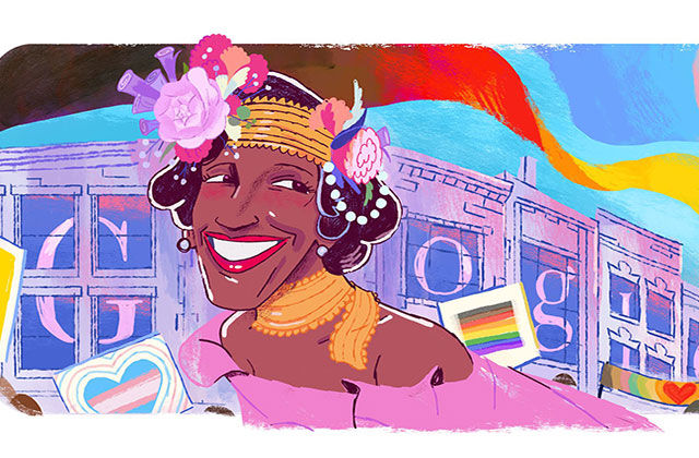 Marsha-P.-Johnson. Colorful doodle of Black woman wearing floral laurel and pink top