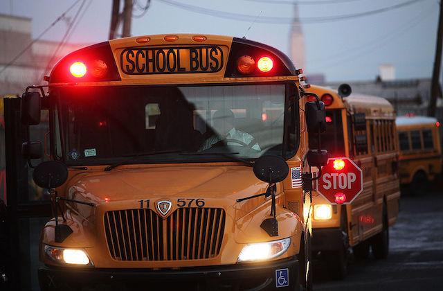 Line of school buses at sunrise