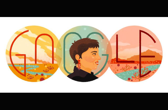 Illustration of Brown woman with black shirt and red earring between images of brown desert sand with blue river