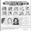 Black and White FBI "Wanted" poster, fingerprint images and pictures of Leonard Peltier with long hair