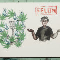 Sketch of two men, one in charcoal and white with green marijuana leaves and charcoal money bags surrounding him and another with brown skin and a black shirt with the word "felon" in red on top