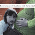 A toddler wearing a blue shirt rests their ear against a pregnant womans belly who is wearing a green shirt. The picture is collaged over a red background.