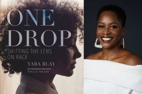 One Drop book on left, author Yaba Blay, brown skinned dark woman with close cut hair, white sweater and beautiful smile with gap in teeth