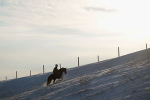 A Native American rider climbs a hill outside Oceti Sakowin Camp on the edge of the Standing Rock Sioux Reservation on December 3, 2016, outside Cannon Ball, North Dakota.