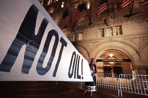 Native Americans and their supporters rally in front of the Trump International Hotel April 27, 2017, in Washington, D.C., to protest the Dakota Access Pipeline, the Keystone XL Pipeline and others they say damage the environment.