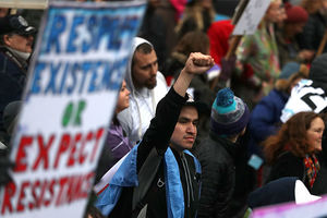 Protesters march during a demonstration against the Dakota Access Pipeline on March 10, 2017, in Washington, D.C. Thousands of protesters and members of Native nations marched in D.C. to oppose the construction of the pipeline.