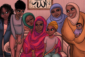Colorful Illustration showing six women of color in Muslim clothing with head wraps and a baby.